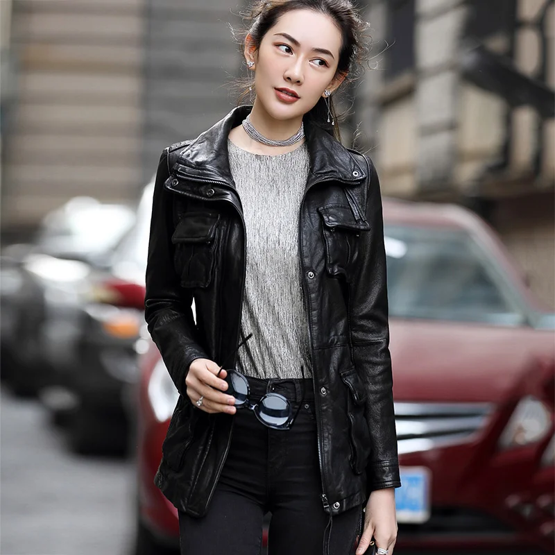 

2023Leather jacket,Fashion High Quality Sheepskin Leather Jacket Mid-length Korean Motorcycle Women's Jackets SpringCoat Female