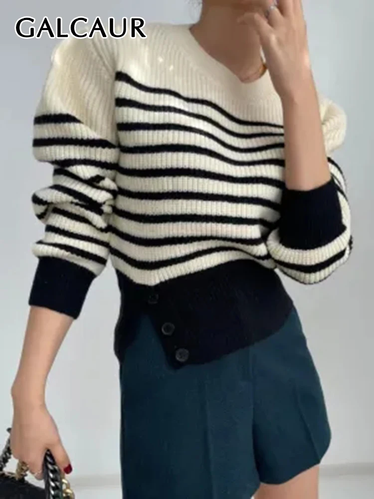 

GALCAUR Striped Knitting Sweater For Women Round Neck Long Sleeve Spliced Button Split Hit Color Autumn Pullover Sweaters Female