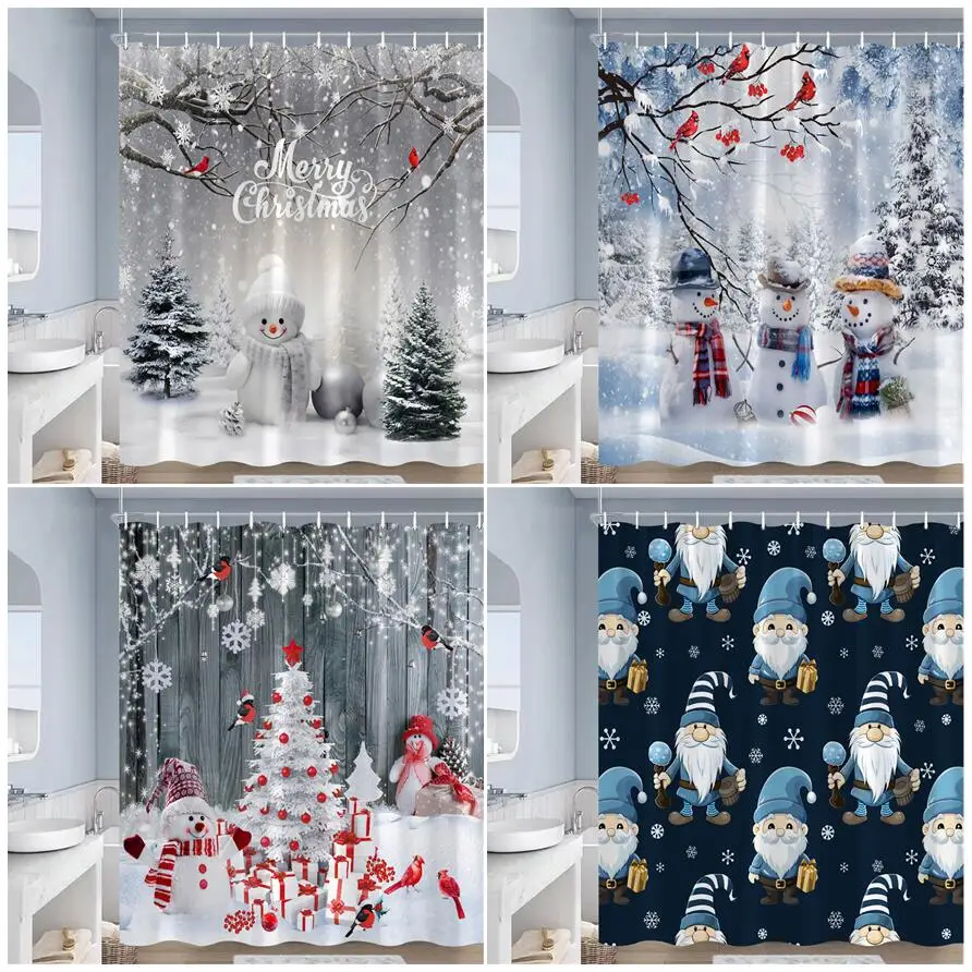 

Рождественская занавеска для душа, милый снеговик, Санта-Клаус, красная птица, Рождественская елка, подарок, лес, Снежная сцена, тканевый Декор для дома и ванной комнаты с крючками