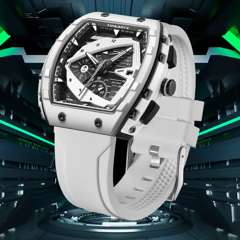 Фото Механические часы TIMEARTX 2026 Luxury Skeleton Tonneau для мужчин, водонепроницаемые спортивные наручные часы с разноцветным силиконовым ремешком №1