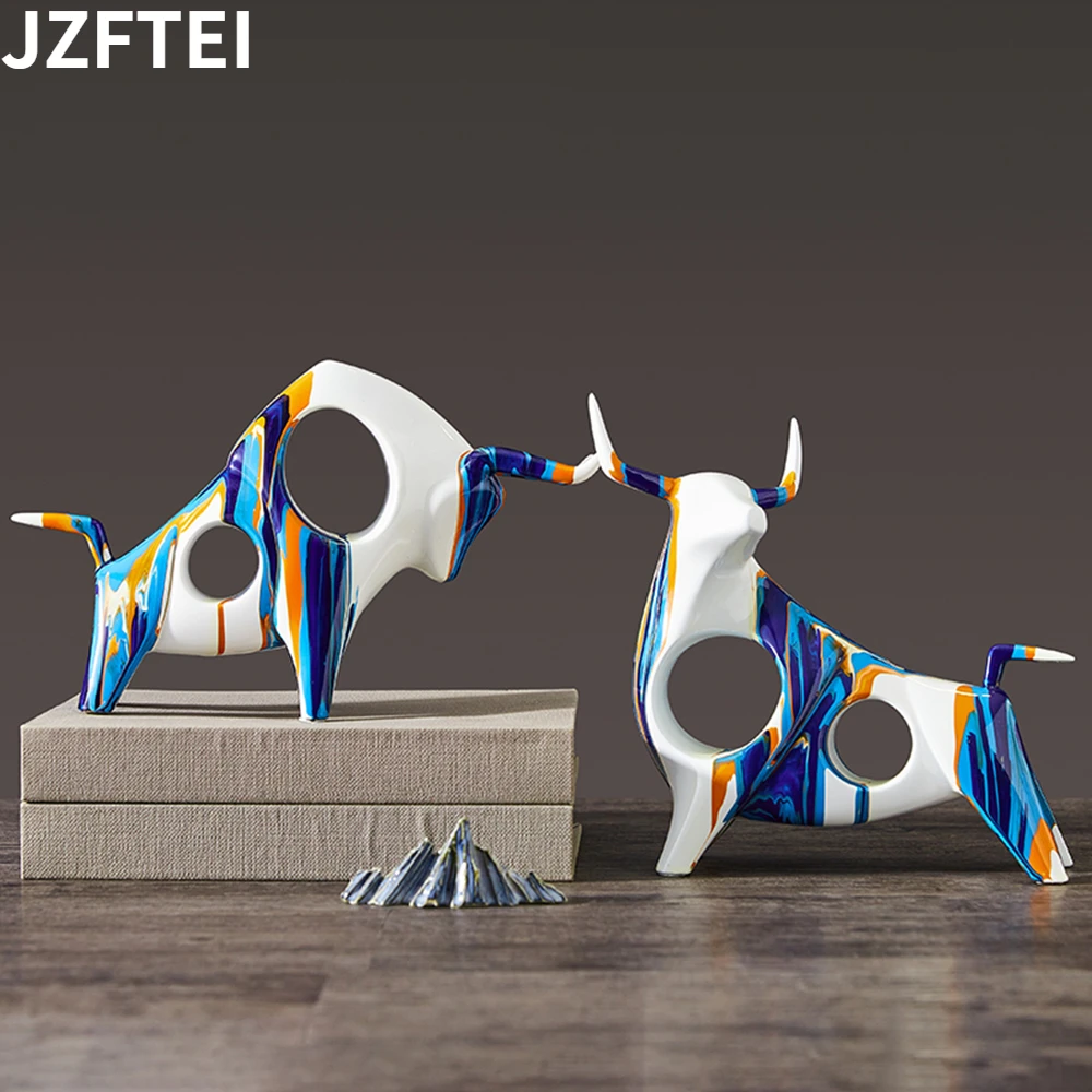 

Nordic ceramic bull statue color graffiti bison sculpture abstract decoration animal figurine living room decoration home art