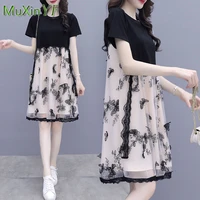 2022 summer new mesh embroidery dress women elegant loose sexy lace dresses french vintage casual midi skirt female clothing