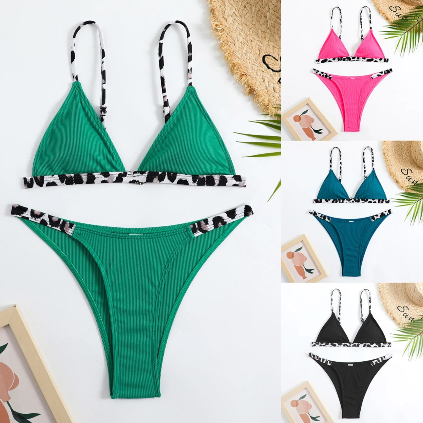 

Ladies Sexy Two Piece Swimsuit Leopard Print Plain Bikini Beach Swimsuit Split Swimsuit Padded Thong Biquinis