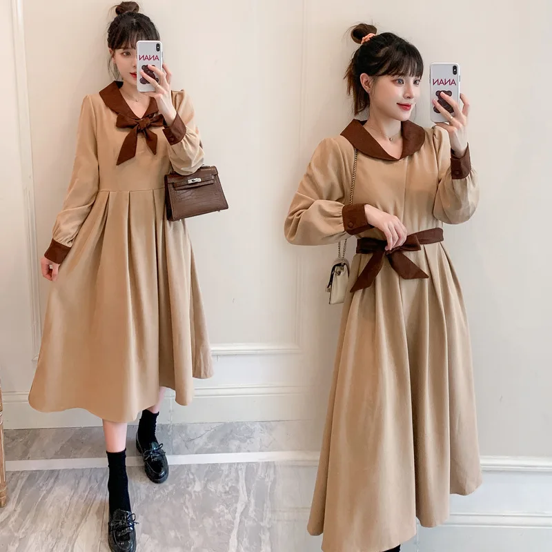 

Maternity Dresses 2022 Spring Autumn Fashion Style Vintage Dress for Pregnant Women Pregnancy Bow Turn-down Collar Clothes