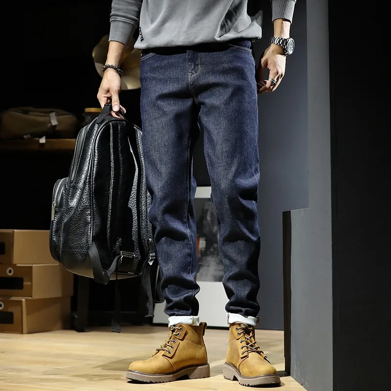 Autumn Men Jeans Korean Style Fashion Dark Blue Pencil Pants Streetwear Casual Slim Fit Denim Trousers