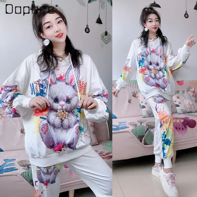 Top and Pant Set Women's 2022 Autumn New Fashion Brand Handmade Beaded Cartoon Bunny Printed Cute Sweatshirt Sweatpants Suit