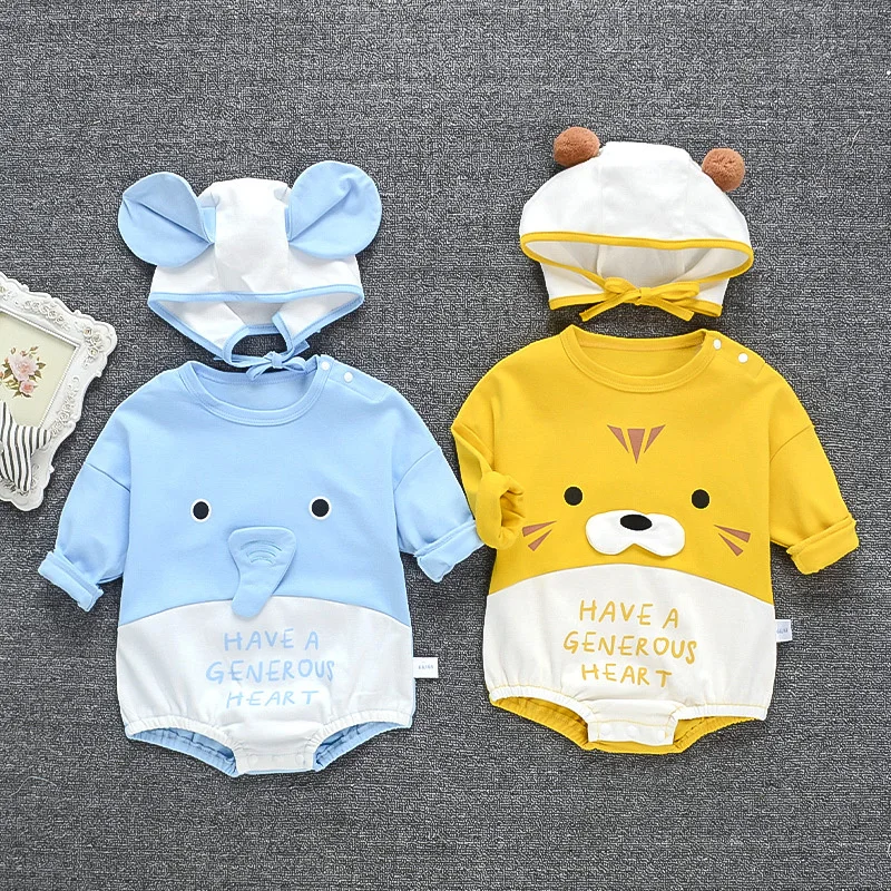 

2022 spring and autumn new baby one-piece clothes baby long sleeved fart clothes baby shoulder buckle hat triangular climbing