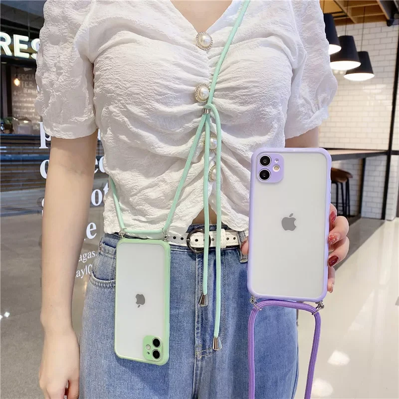 

Free Shipping Shoulder Strap phone case For iPhone 11 Pro Max 12 XS X XR 8 7 Plus SE 2020 Crossbody Lanyard Rope Transparent Sof