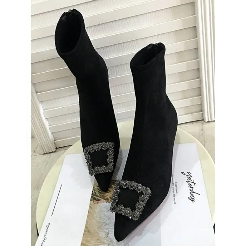 French Rhineau Ankle Boots Women's Boots Pointed High Heels Sexy Black Women's Shoes Banquet Shoes 2023 New