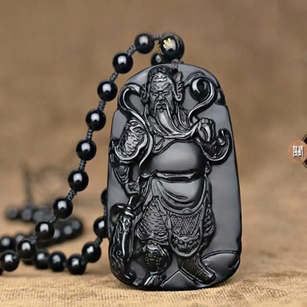 

Natural Obsidian Carved Guan Yu Lucky Amulet Pendant Natural Heart Chain Gift Zodiac Energy Tibetan Cross Jewellery Reiki