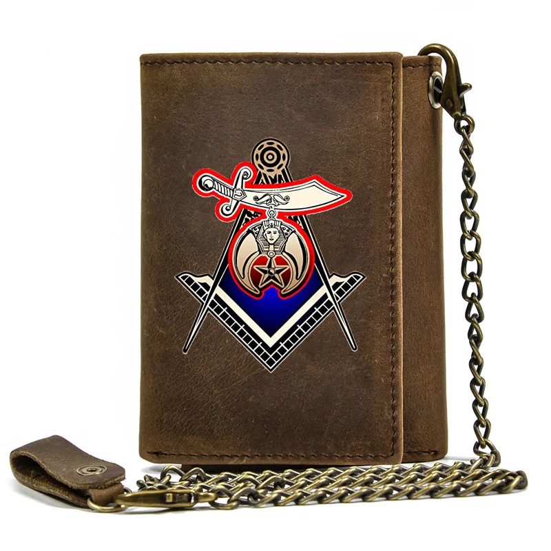 

Retro Genuine Leather Men Wallet Anti Theft Hasp With Iron Chain Freemasonry Shriner Cover Card Holder Rfid Short Purse BT3559