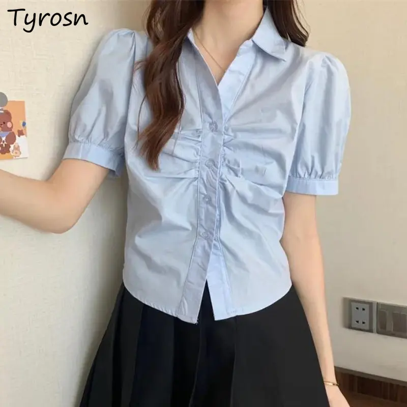 

Shirts Women Folds Simple Design All-match Preppy Style Summer Daily Ulzzang Students Cropped Tender Popular Casual Cozy Pure
