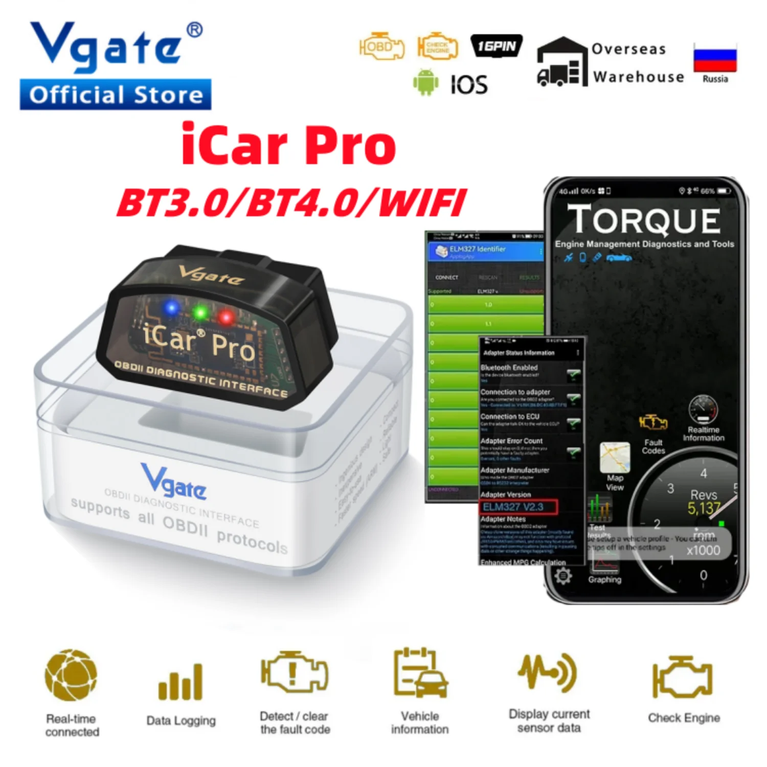 Автомобильный диагностический сканер Vgate iCar Pro ELM327 V2.3 OBD 2 OBD2, Wi-Fi Bluetooth 4,0 для IOS, сканер ODB2 PK ELM 327 V1 5
