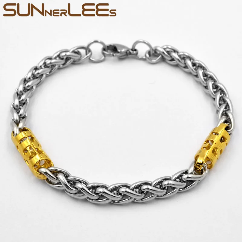 

SUNNERLEES ювелирные изделия браслет из нержавеющей стали 6 мм Геометрическая цепочка из пшеницы серебряный цвет позолоченный для мужчин женщин...