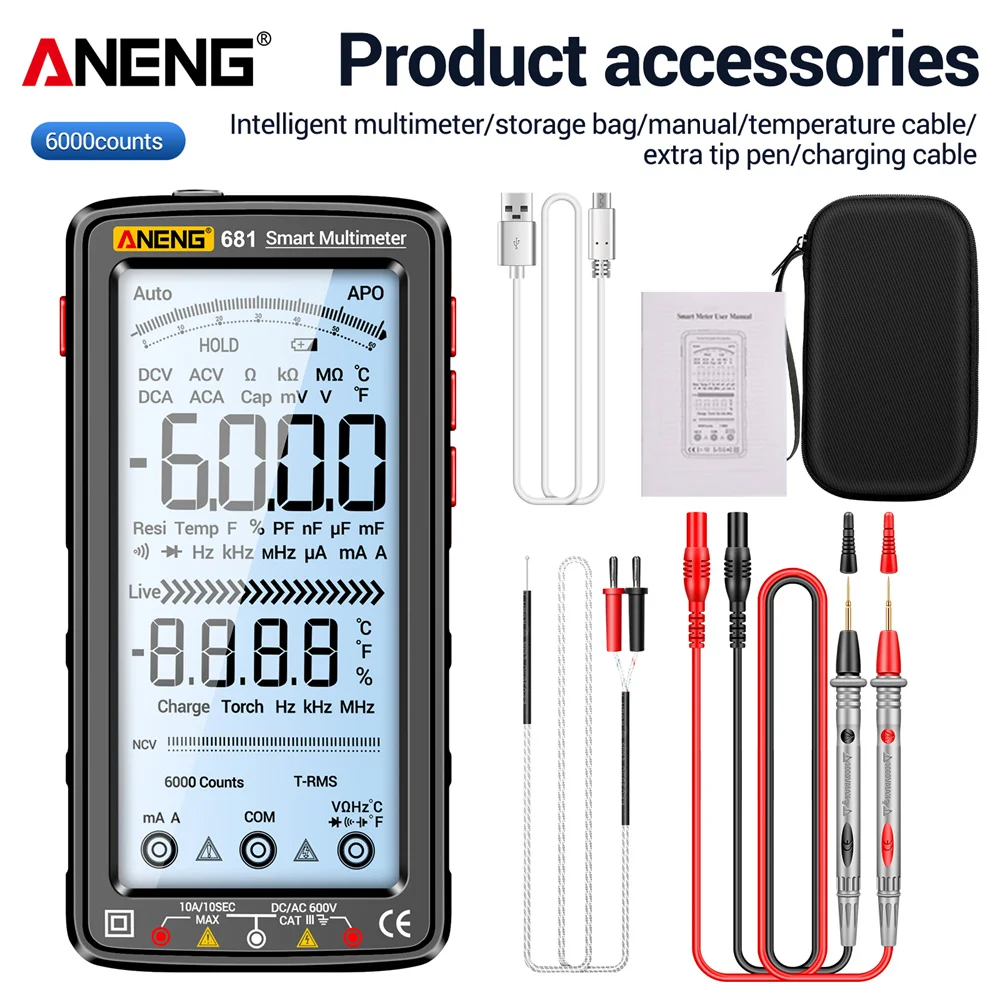 

681 Smart Digital Multimeter Electrical Capacitance Meter 6000 Counts Rechargeable Hz Ohm Diode Tester With LCD Screen Tools