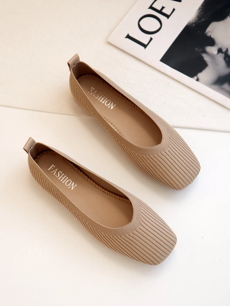 Knitted Shoes Women's Spring and Autumn New Women's Soft Bottom All-match Square Toe Low-top Pregnant Women's Flat Loafers