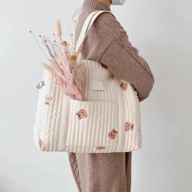 Korean Newborn Baby Care Diaper Bag Mummy Shoulder Bags Bear Embroidery Quilted Stroller Storage Organizer Large Messenger Bag