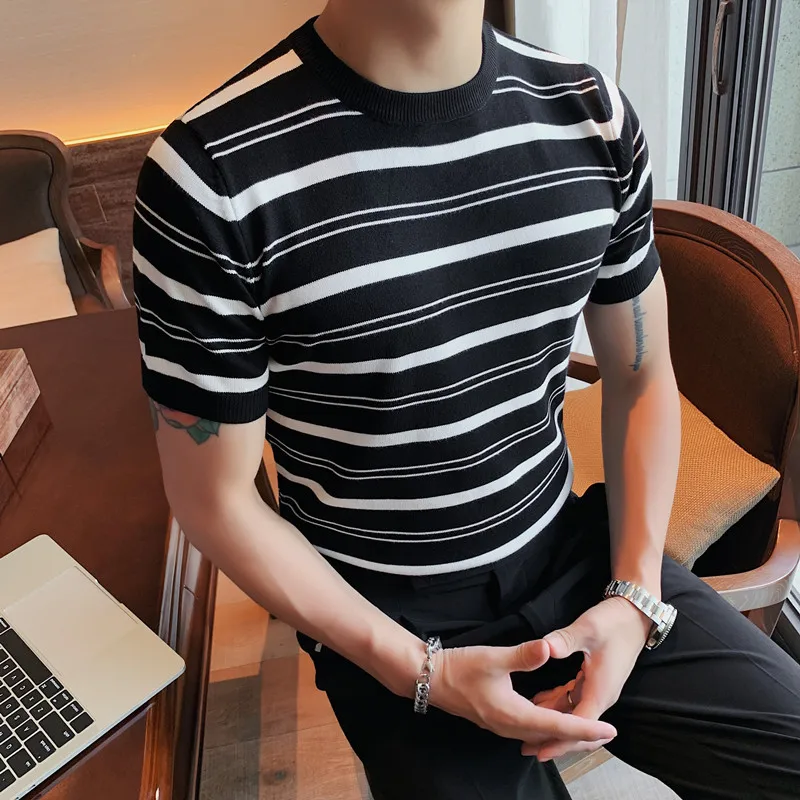 New Summer Men T-shirt Knitted Short Sleeves Top Men's Solid Color Half High Collar Sweater Pullover T Shirt Slim Knitted Tees