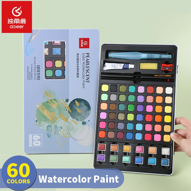 60 Colors Solid Watercolor Paint Set Include Pearlescent Color Drawing Tools In a Portable Iron Box For Beginner Art Supplies enlarge