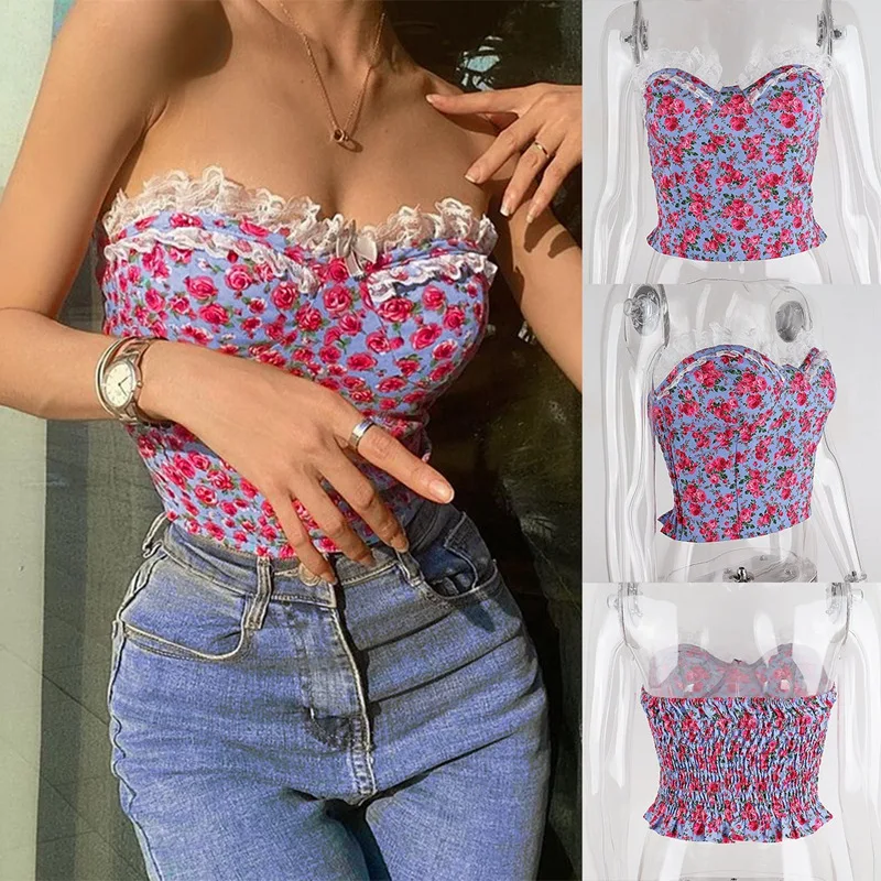 

Винтажные кружевные топы без бретелек с цветочным принтом, эстетичные майки без рукавов, милая облегающая уличная одежда