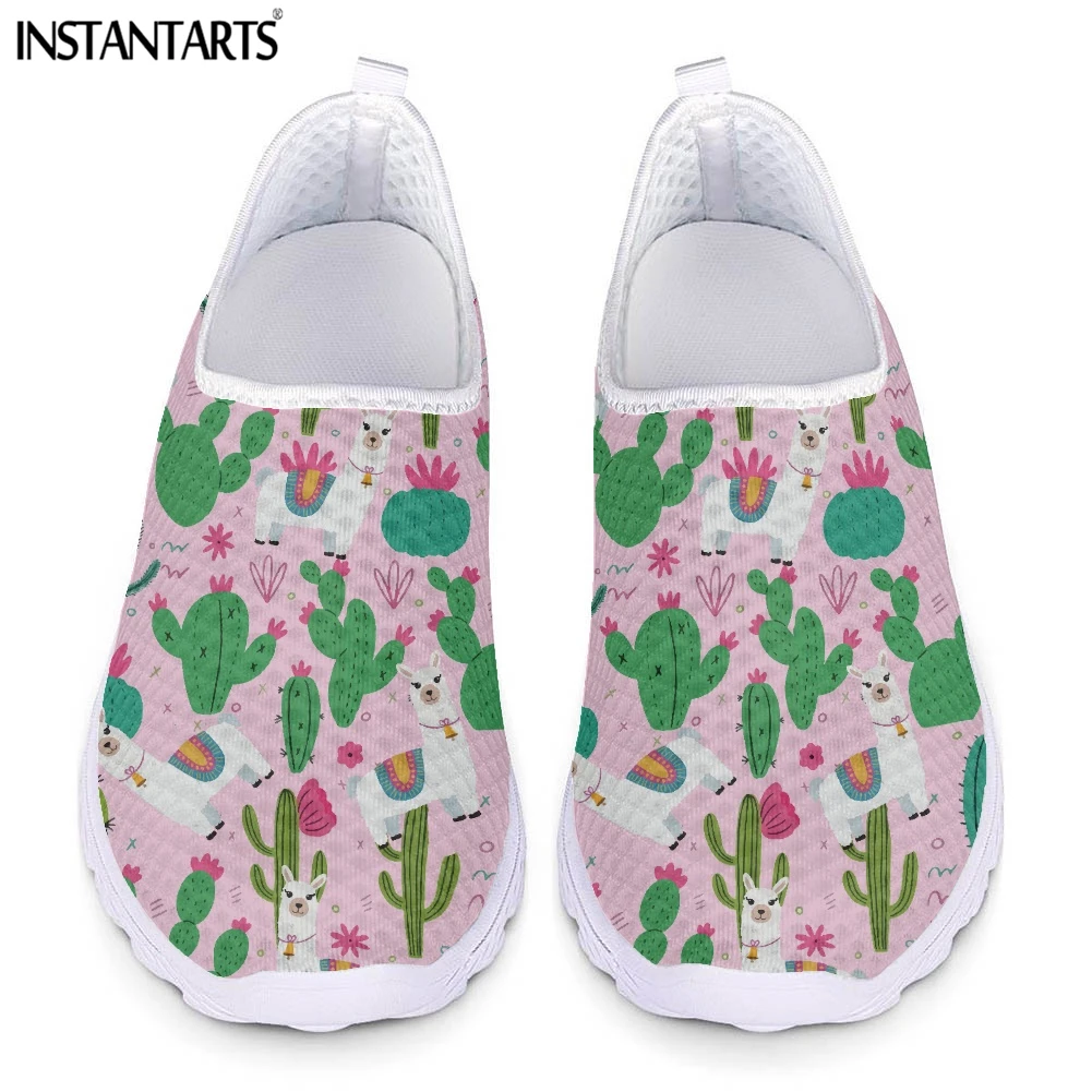 

INSTANTARTS Cute Alpaca and Cactus Cartoon Pattern Girls Flat Shoes Summer Breathable Mesh Sneakers for Women Slip-on Lazy Shoes
