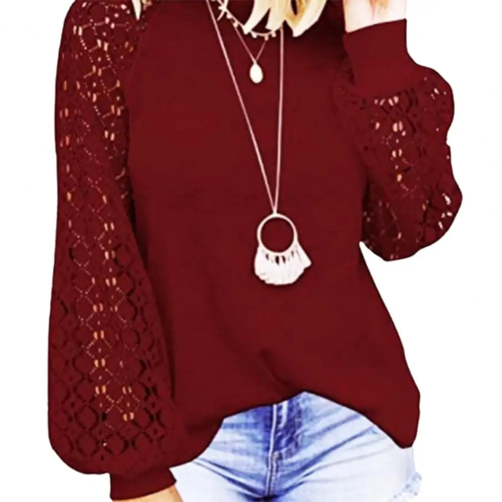 

Spring Women Top Hollow Out See-through Elastic Cuff Round Neck Warm Loose Lace Patchwork Fall Blouse Female Clothes