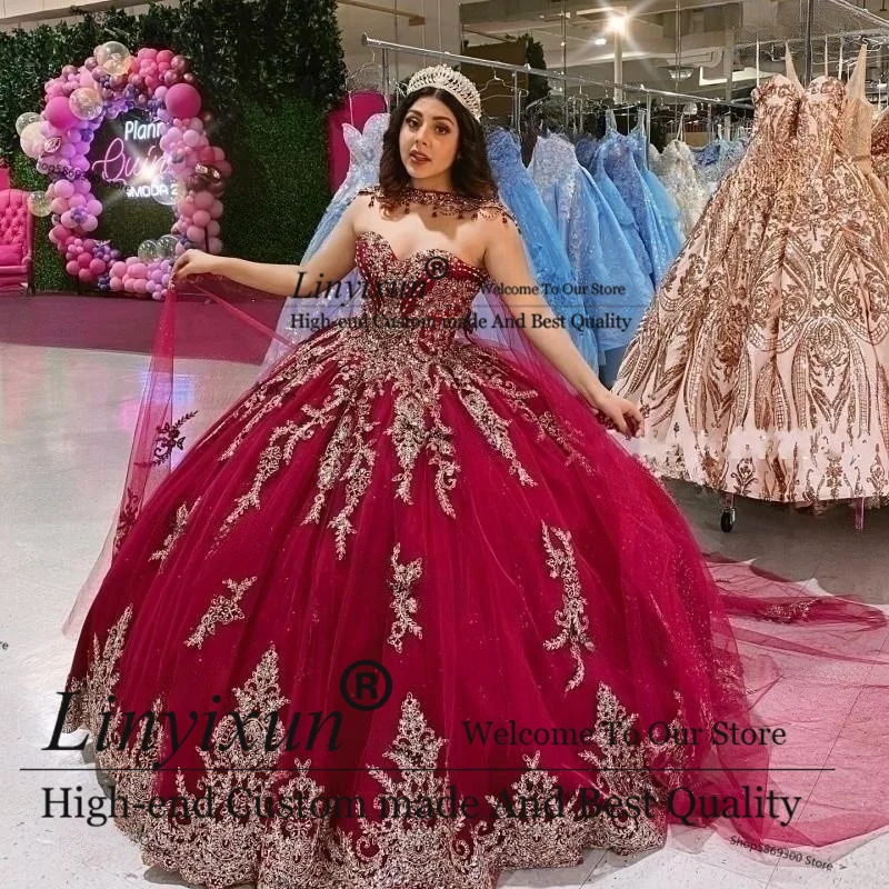 

Princess Ball Gown Quinceanera Dresses With Cape Lace Appliques Vestidos De 15 años Lace-Up Court Train Puffy Sweet 16 Dress