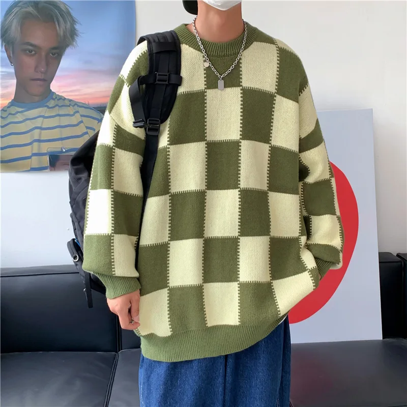 

Новое поступление 2022, Мужской пуловер, свитер в клетку, осенний Повседневный свободный плотный Трикотажный свитер с круглым вырезом, стиль Харадзюку