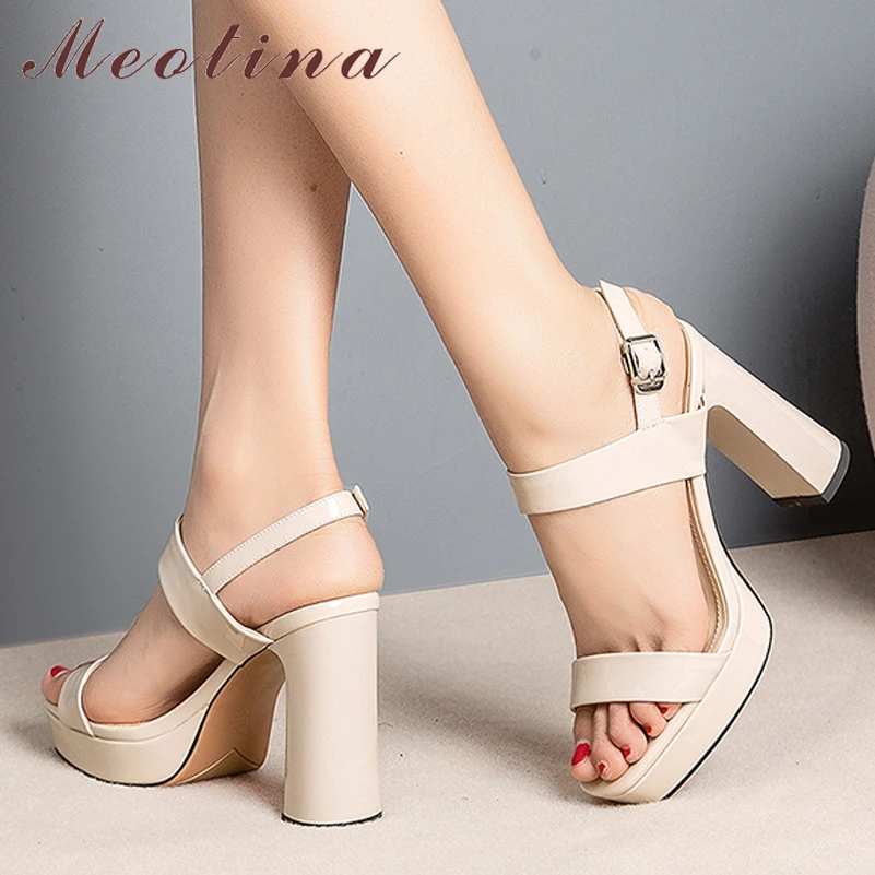 

Meotina Genuine Leather Sandals Women Shoes Square Toe Fahsion Footwear Summer Buckle Extreme High Heels Sandals Ladies Apricot