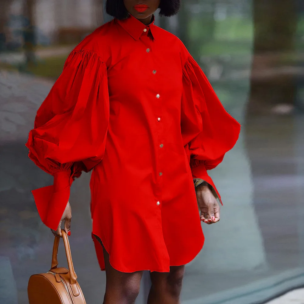 Plus Size Pretty Dress Women Puff Sleeve Button Blouse Cloth Lady Casual Luxury Robe 2023 Summer Trendy Evening New In Dress
