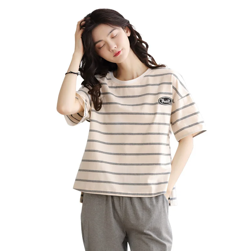 

Summer Loungewear Women Pijamas 100% Cotton Striped Printing Female Pajamas Fashion Woman Pyjama Set