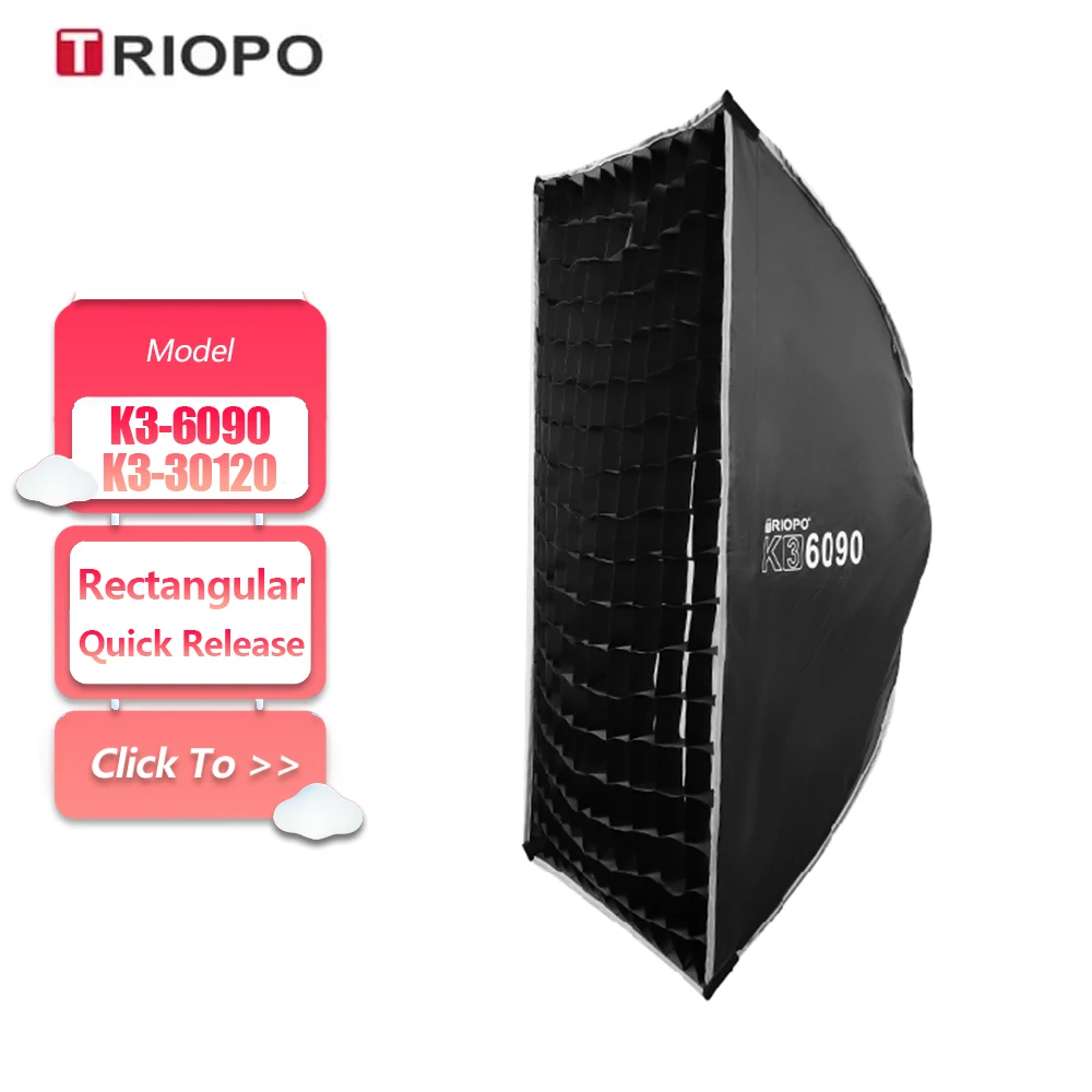 Фото TRIOPO K3-6090 K3-30120 Портативный прямоугольный софтбокс с сотовой решеткой и быстрым креплением Bowens для светодиодных видеосветильников №1
