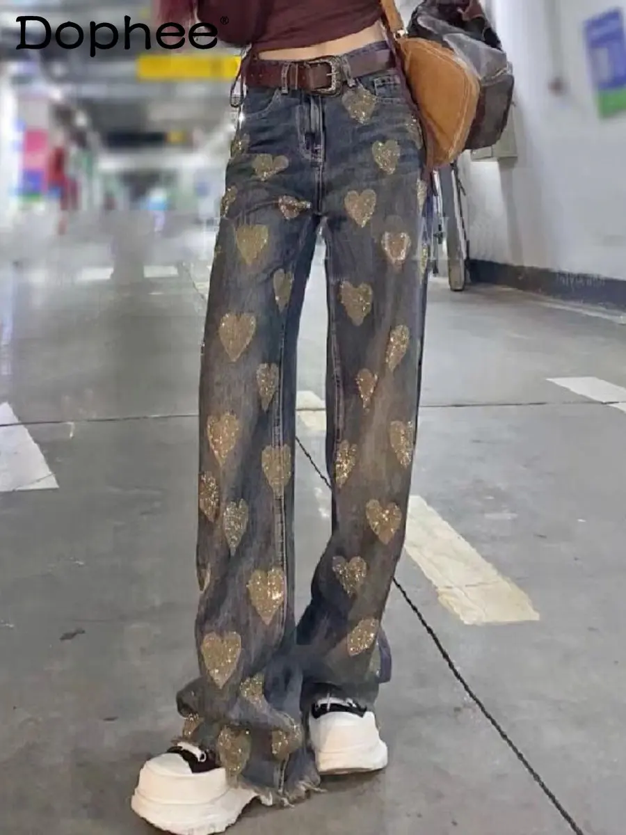 

Streetwear High Waist Drooping Jeans Women 2023 Spring Heavy Embroidery Hot Drilling Love Baggy Pangs Denim Wide-Leg Trousers