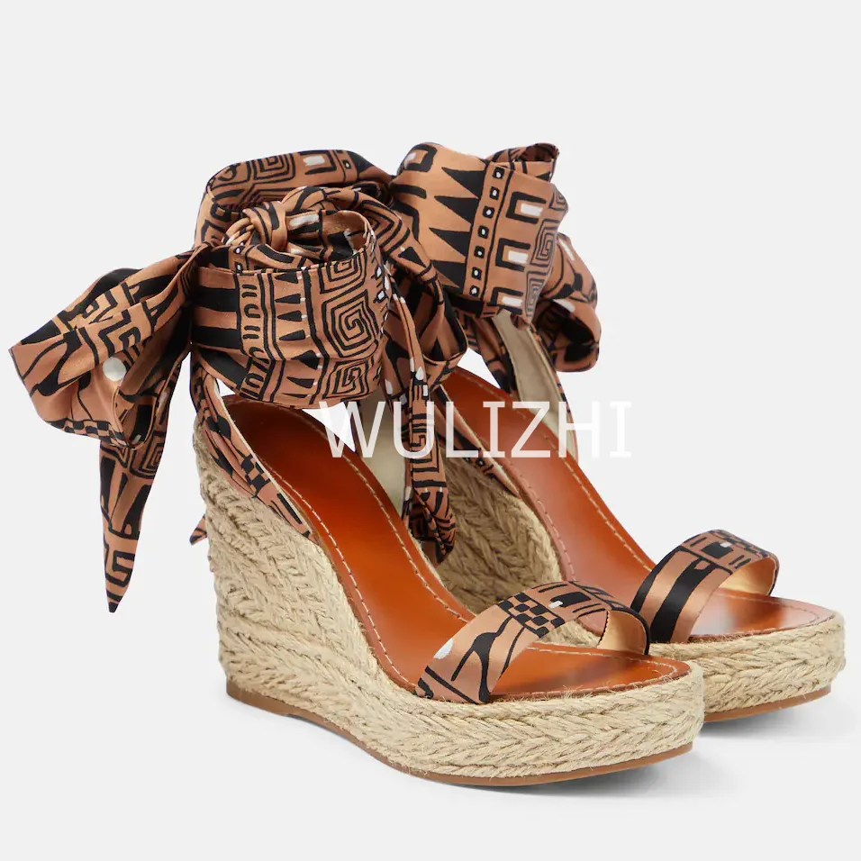 Women Casual Lace-Up High Wedge Espadarille Black White Brown Riband Wrap Sandals Open Slingback Shallow Summer Sea Beach Shoes