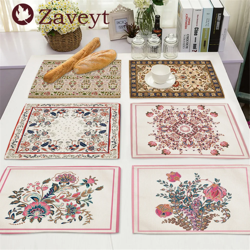 

Vintage Ethnic Persian Pattern Pink Placemat Flower Luxury Linen Dining Table Mats Coaster Pad Bowl Coffee Cup Mat 42x32CM