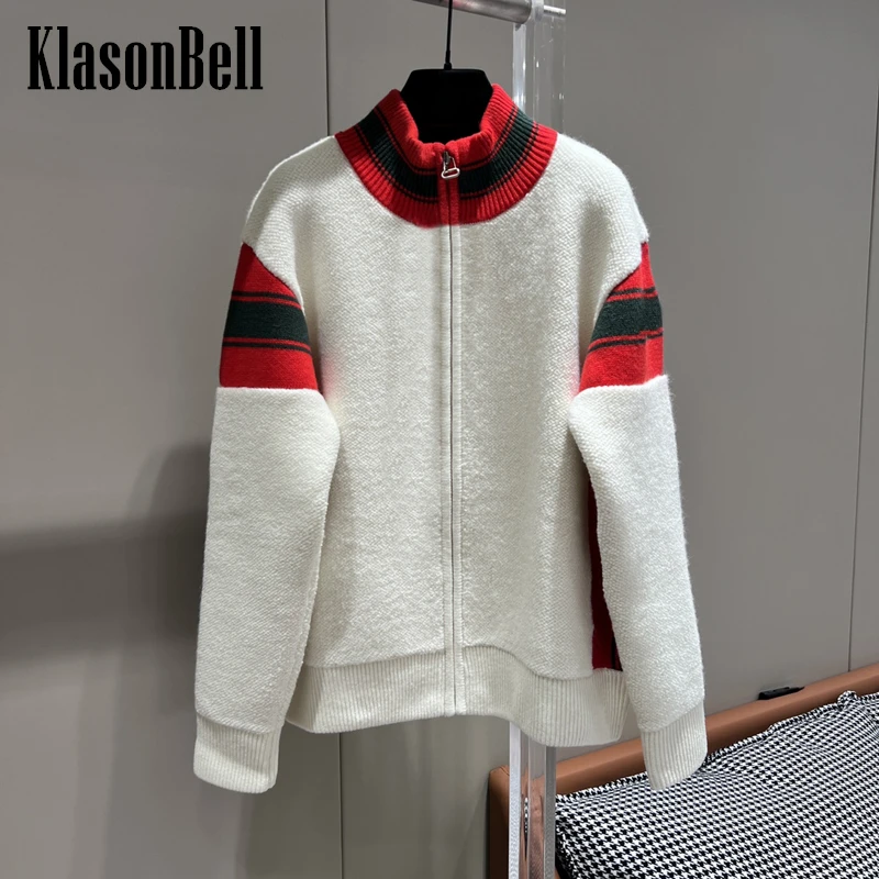 

12.29 KlasonBell Casual Fashion Stand Collar Contrast Color Wool Knitted Cardigan Sweater Women