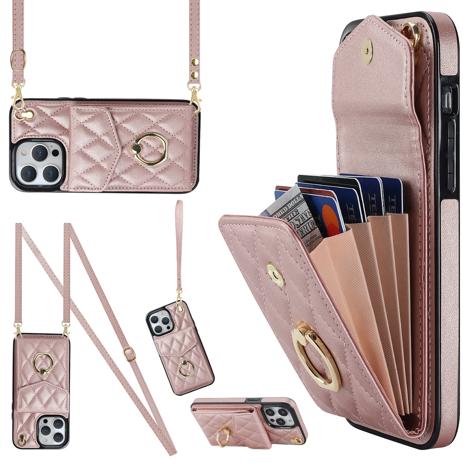 

Crossbody Wrist Strap Visa Card Case For Iphone 14 Pro Max 13 11 12 Mini XS X XR 8 Plus Leather Shoulder Lanyard Cover With Ring