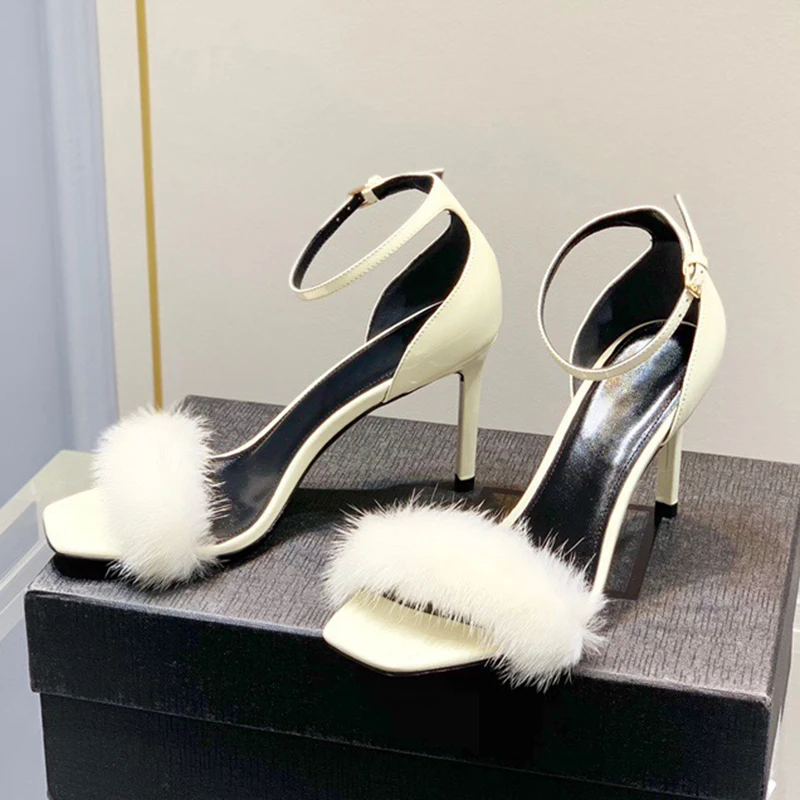 

High Heel Summer Shoes Brand Designer Leather Female Sandals with Square Toe Free Shipping