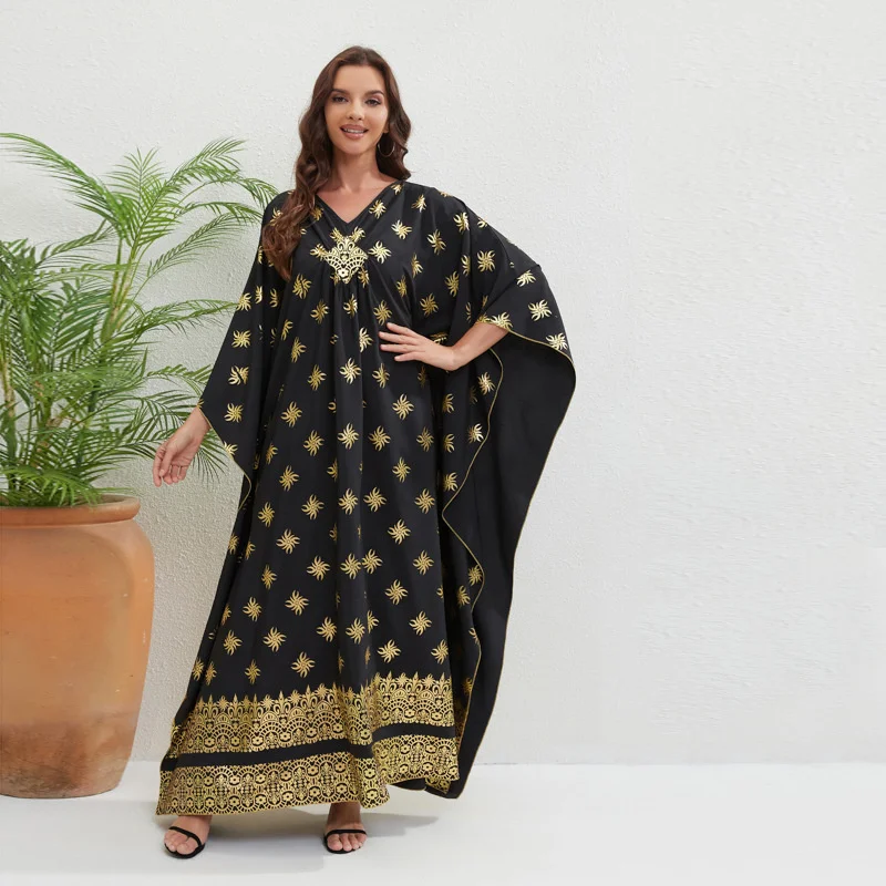 Muslin Dress Abaya With Bat Sleeves Summer Gilded Oversized Long Dress Loose Fitting Casual Robe Dress Dubai Islam Saudi Arabic