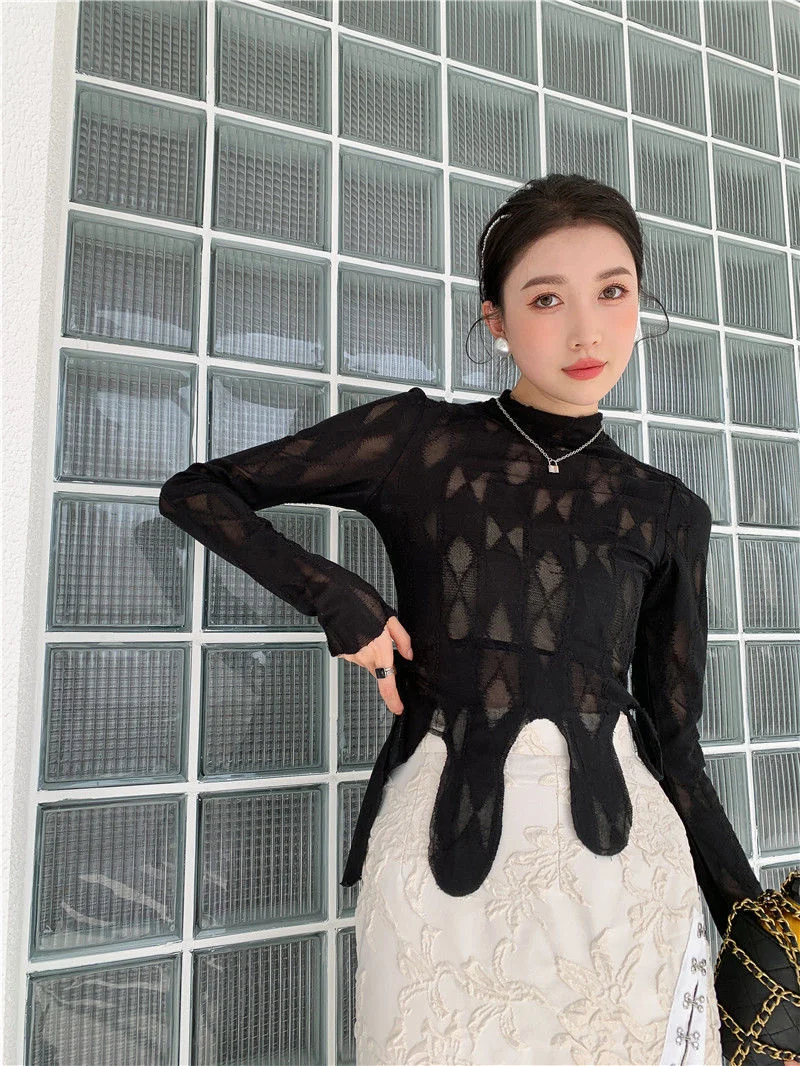 

Black Turtleneck Fitted Irregular Hems Women Tops