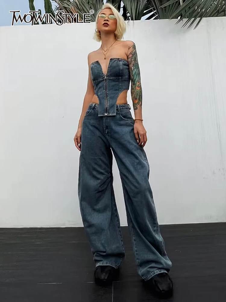 

TWOTWINSTYLE Chic Solid Two Piece Sets For Women Slash Neck Sleeveless Tops High Waist Denim Loose Pant Casual Set Female 2023