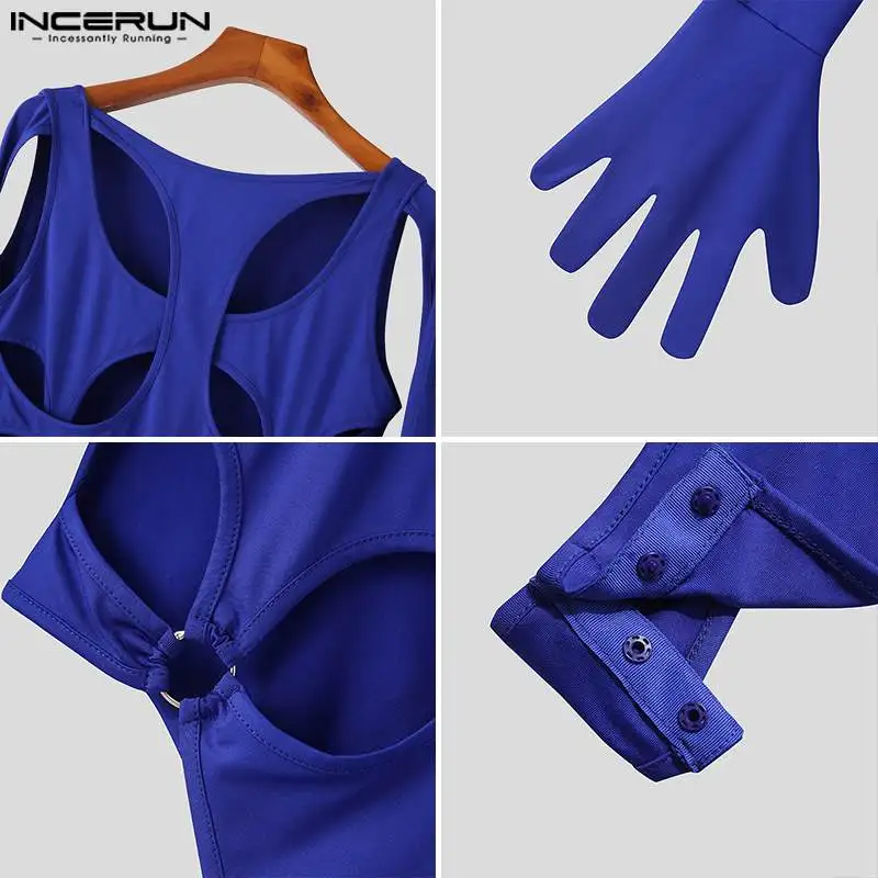 Comfortable Homewear New Men's Hollow Structural Splicing Jumpsuit Fashion Layered Interlaced Triangular Thimble Bodysuits S-5XL