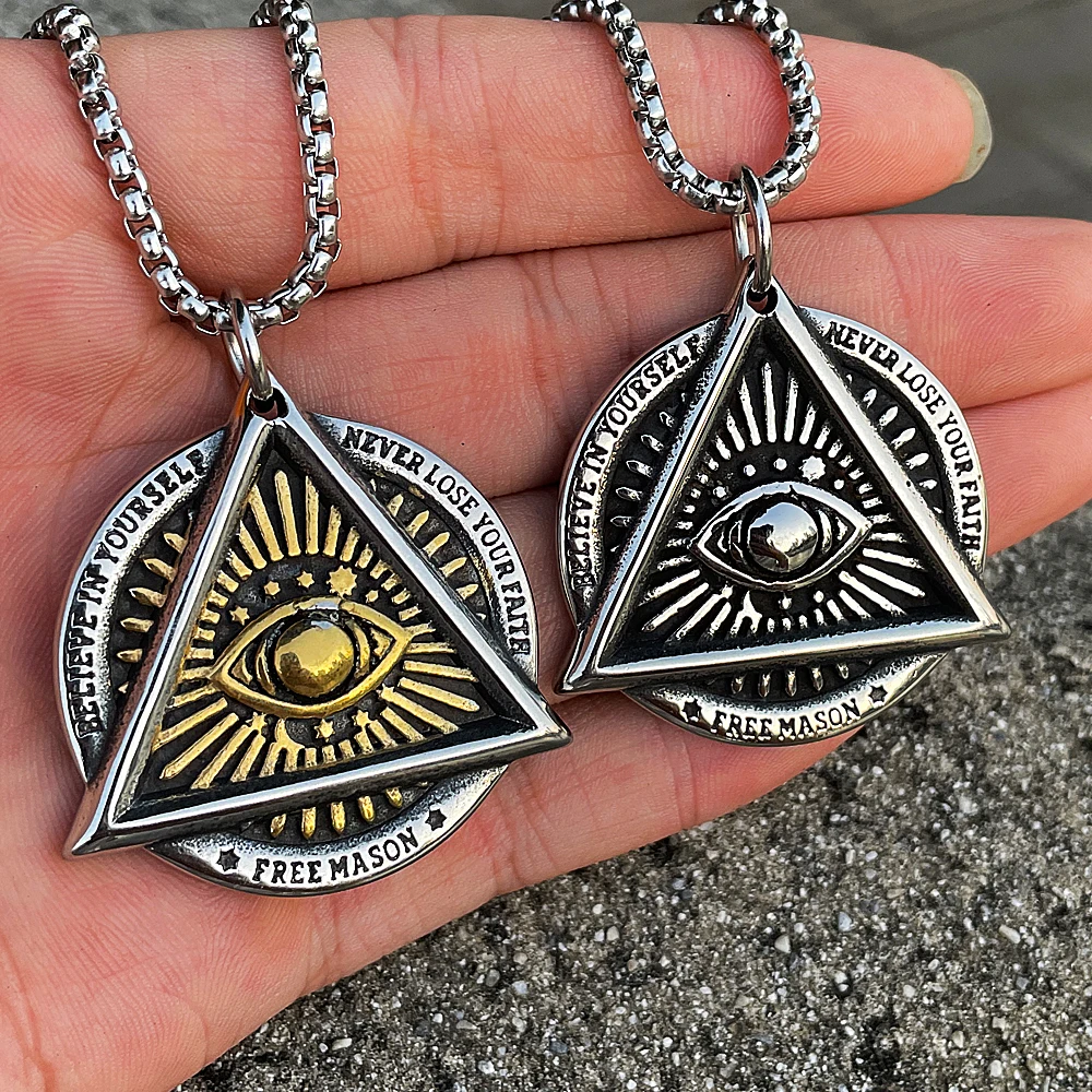 

Gothic 316L Stainless Steel All-Seeing Eye Pendant Necklace Men Masonic Triangle Skull God's Eye Necklace Jewelry Wholesale