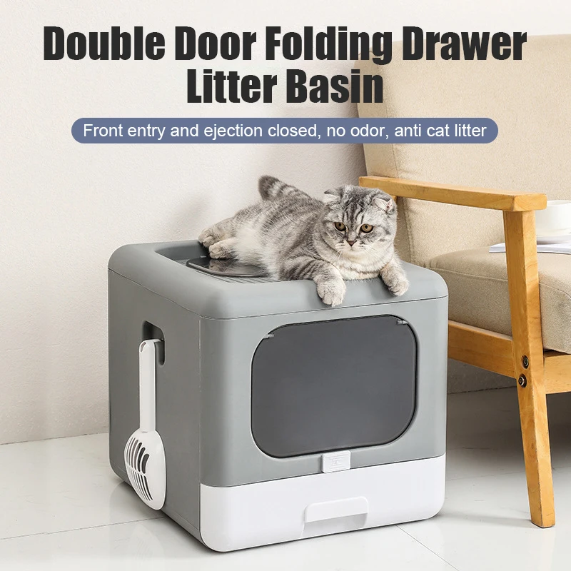 

Pet Cat Litter Box Fully Enclosed Anti-Splash Deodorant Cat Toilet For Cats Two-Way with Shovel High Capacity Cat Litter Tray