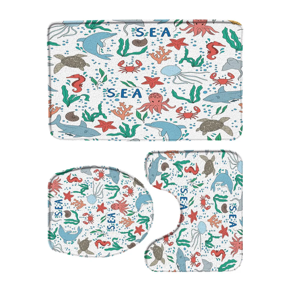 Коврик для ванной мягкий нескользящий коврик 3 предмета с принтом морских