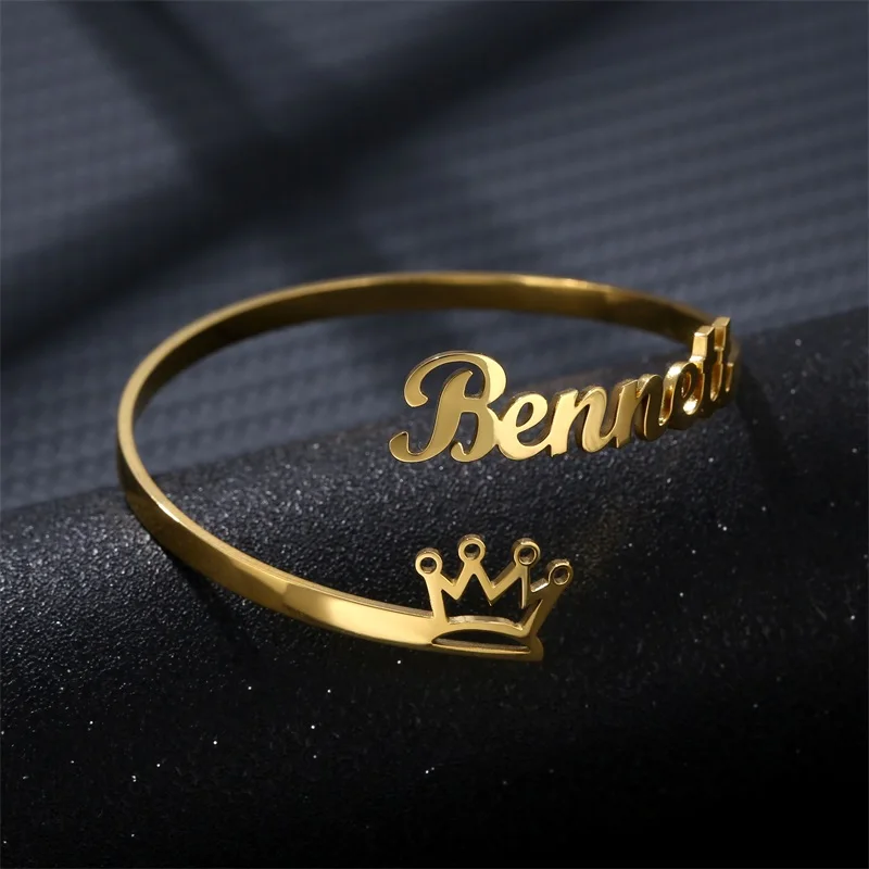 

Custom Fashion Personalized Stainless Steel Gold Name Bracelet Bangles for Women Customized Fashion Crown Cuff Bangle Jewelry