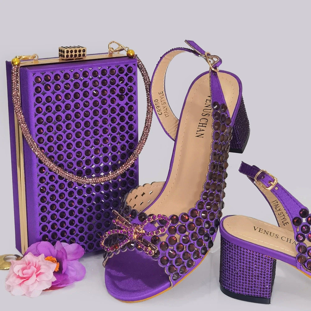 

2023 Classic Sophisticated Two-color Stitching Bag and Shoes Large Purple Crystal Embellished Women's Shoe and Bag Set