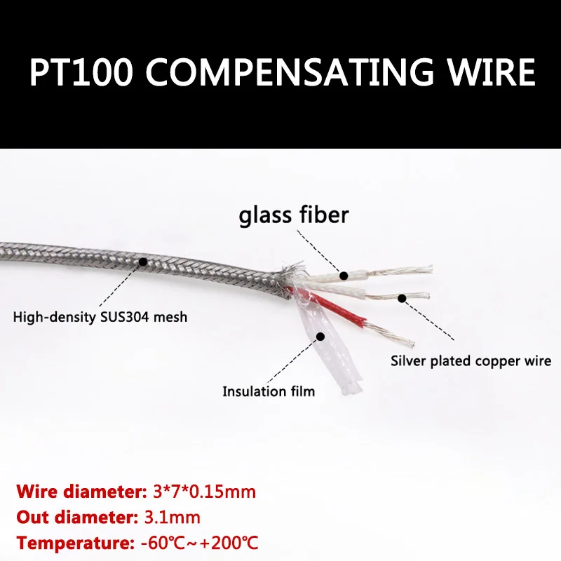 

1M TP100 BBP 3-Cores 7x0.15 mm2 Shielded Silver Plated Copper Wire Thermocouple Wire PTFE Cable PT100 Glass Fiber Stranded