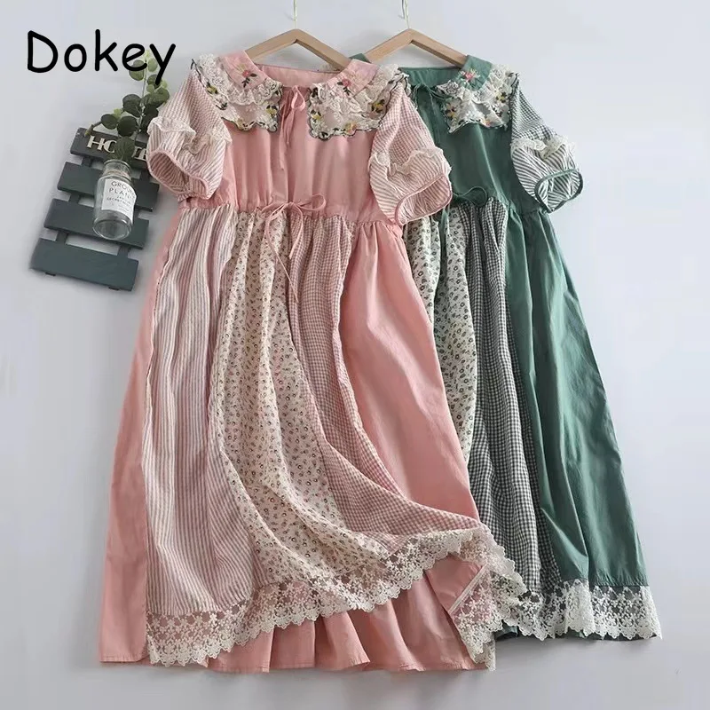 Vintage Embroidery Doll Collar Floral Dress Women Japanese Mori Girl Lace Patchwork Cotton Linen Dress Loose Lolita Vestido Robe