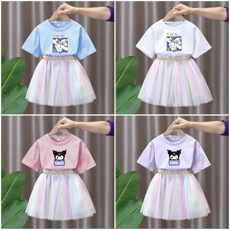 

Cartoon Anime Sanrios Cinnamoroll Kuromi Girl Clothes Short Sleeve Princess Style Yarn Skirt Children Top Summer T-shirt Skirts